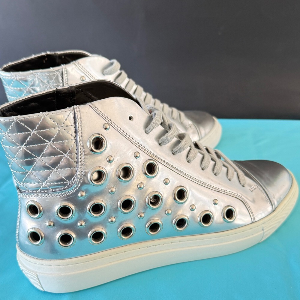 Versace Versus Men's Silver Riveted High Top‎ Leather Sneakers, 39 - Picture 5 of 15